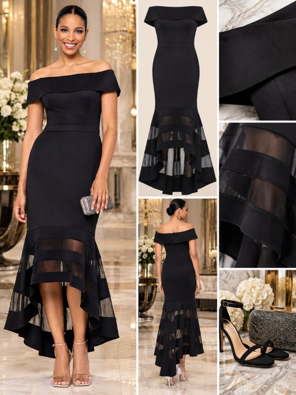XSCAPE Black Size 14 Off Shoulder Illusion High Low Mermaid Formal Gown
